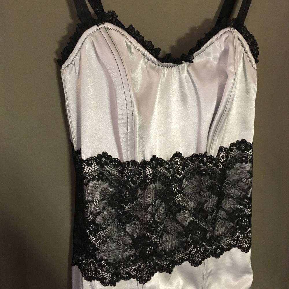 Silver satin and black lace corset